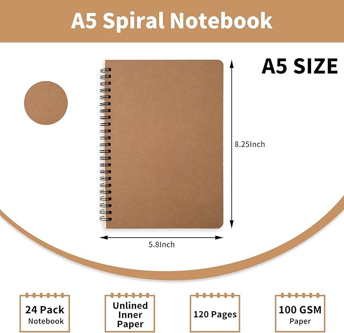 24 Pack A5 Spiral Notebook,Soft Cover,Blank Sketch,Wire-Bound Journal Notebook,120 Pages, Unlined Paper Diary Notebook for Office, Business, School Supplies