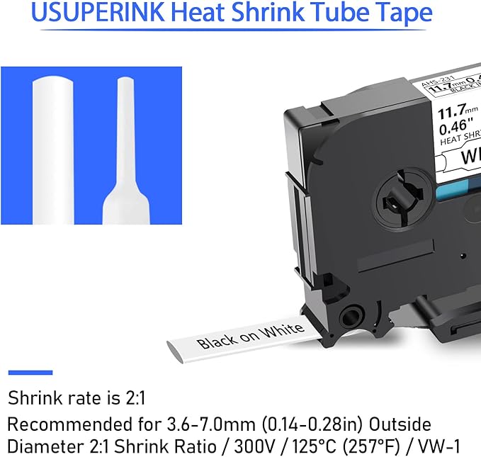 10PK Compatible for Ptouch HSe-231 HSe231 HS-231 HS231 Black on White 11.7mm 0.46'' Heat Shrink Tubing for Wire Cable for PT300 PT-300B PT310 PT310B PT320 Label Maker Tape