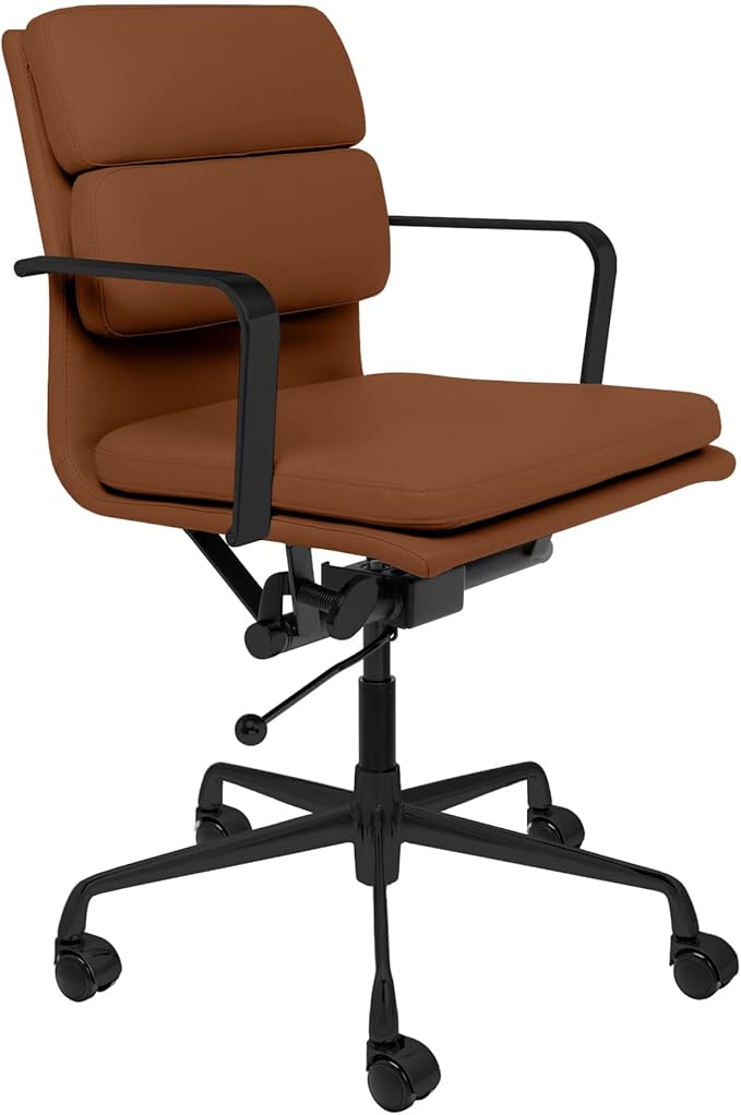 Laura Davidson Furniture SOHO II Padded Management Office Chair - Mid Back Desk Chair with Arm Rest, Swivel & Cushion Availability, Made of Faux Leather, Brown with Black Frame, Computer Chair