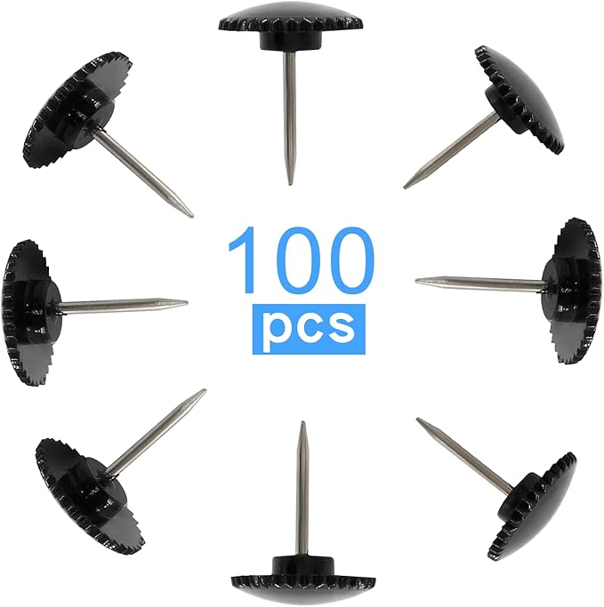 Piutouyar 100 Pcs Black Push Pins, Plastic Thumb Tacks for Wall Hanging, Flat Head and Steel Point Push Pins Wall Tacks Thumbtacks for Furniture Cork Board DIY Projects or Home Decor