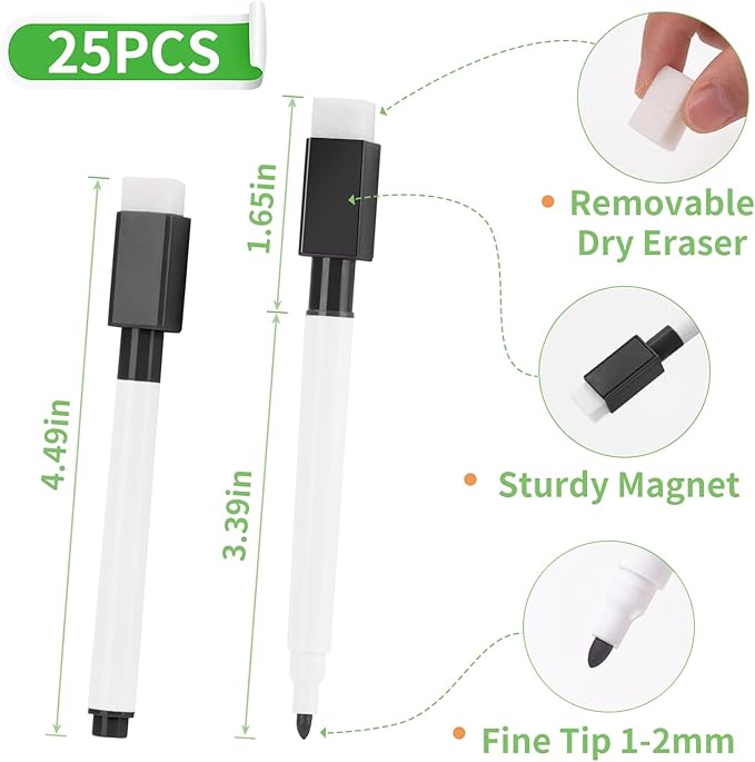 100 Pcs Black Magnetic Dry Erase Markers with Eraser Cap, White Board Mini Dry erase Markers Bulk, Fine Point Tip Student White Board Markers for Teachers Office School Supplies