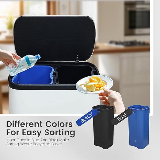 16 Gallon Dual Trash Can, Kitchen Recycling Bins with 2 x 8 Gallon Compartments, 2 Plastic Removable Liners, Soft-Close Lid, Stainless Steel Step Trash Can, White