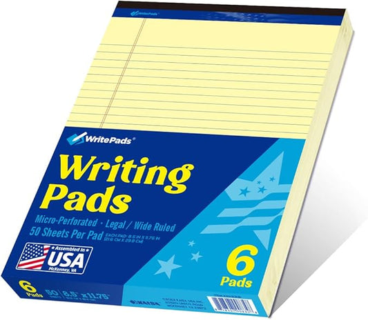 Legal Pads 8.5 x 11 Note Pads, Wide Ruled Writing Pads, Canary Paper, 6-Pack, 50 Sheets, Micro-Perforated Notepads, Office Supplies (KSU-8348) - Made in the USA