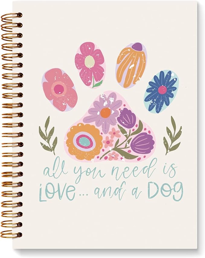 JXREQ Cute Pink Floral Dog Paw Notebook Journal for Women Dog Lovers Gifts, Cute Notebooks for Note Taking Writing, All You Need Is Love and a Dog Spiral Notebooks 5.5x8.3