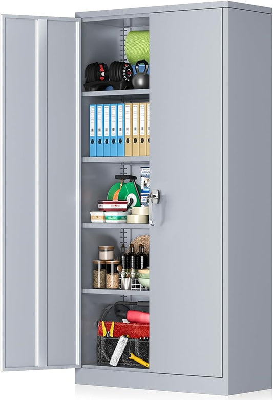 INTERGREAT Garage Storage Cabinets with Doors and Shelves, 72" Steel Tool Locking Cabinet, Metal Storage Cabinet for Home Office, Warehouse, School (Cement Grey)