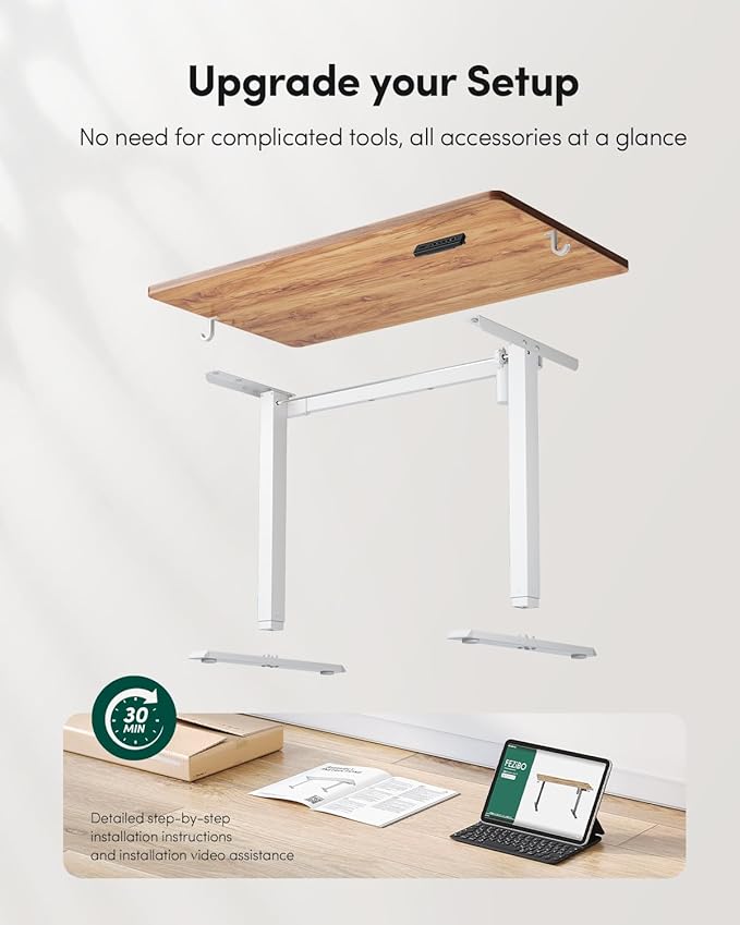 FEZIBO One-Piece Standing Desk Adjustable Height Stand up Home Office Desk, 32x24 Inch Electric Standing Computer Desk, with 4 Memory Presets, Fixable casters, Light Rustic