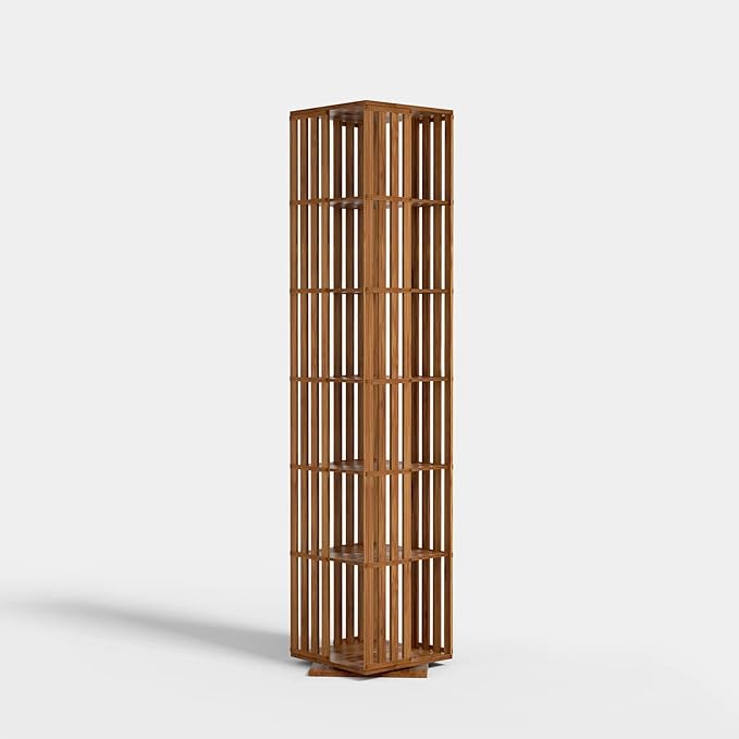 Rotating Bookshelf Tower, 360 Display Spinning Bookcase, Bamboo Bookshelf Floor Standing Storage Rack, Wood Narrow Book Shelf Organizer for Kids&Adults, Walnut 6 Tier