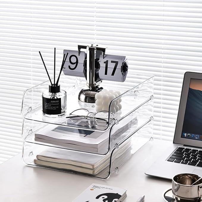 Gagee 2 Pack Paper Organizer for Desk,Clear Stackable Paper Sray, Office Desk Organizer for Notes, Pens, File, Document, Paper Holder ﻿