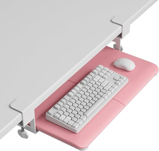 BONTEC KMT01-PJ Under Desk Keyboard Tray, Pull-Out Keyboard & Mouse Platform with C-Clamp, 20 x 11.8 in Space-Saving Ergonomic Slide-Out Drawer, Pink
