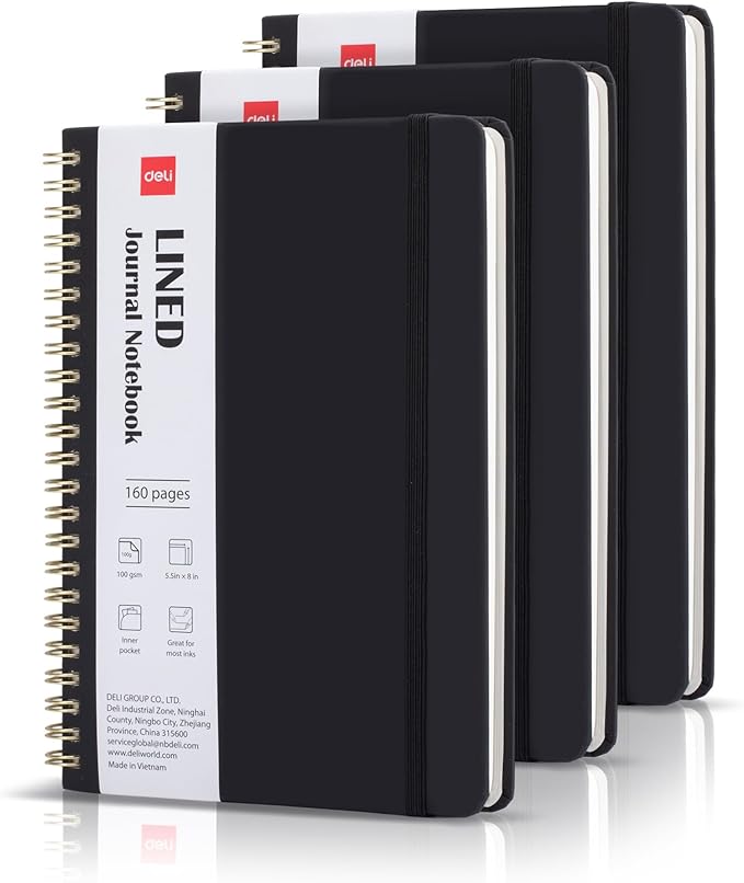 Deli 3-Pack Lined Spiral Journal Notebook Black, 160 Pages, A5 (5.5"x8") Hardcover Writing Notebook, College Ruled Spiral Bound Journal for Women & Men - Perfect for Work, School, Office & Note Taking