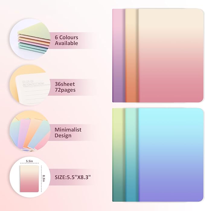 Ddaowanx Notebooks,Lined Paper Journals in Bulk, 72 Pages, 36 Sheets, 80GSM, 8.3x5.5 Inch, A5 Size, Travel Writing Notebooks for Office School Supplies (Lined-24pack, Gradient)