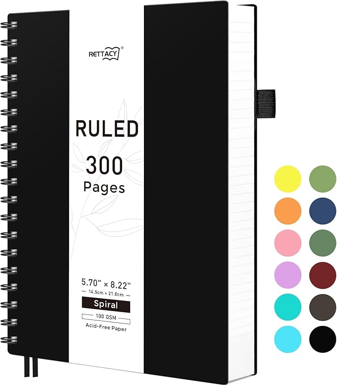RETTACY Spiral College Ruled Notebook, 300 Pages, A5 Medium Size (5.7" x 8.2"), for School, Work, Writing, Journaling, 100 GSM Thick Paper, Flexible Plastic Cover (Black)