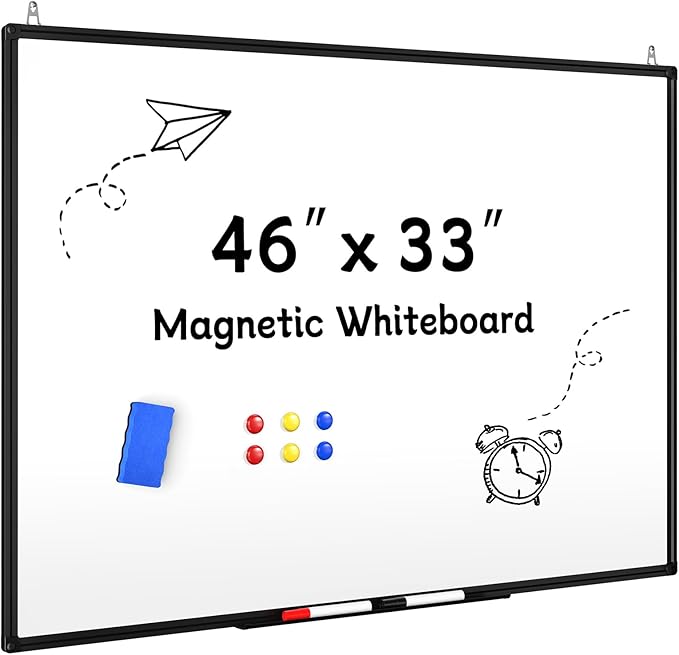 Magnetic Dry Erase Whiteboard - 46 x 33 Inch White Board - 4 x 3 Large Wall-Mounted Board with Black Aluminum Frame, 1 Magnetic Eraser, 2 Pen, Detachable Marker Tray, 6 Magnets