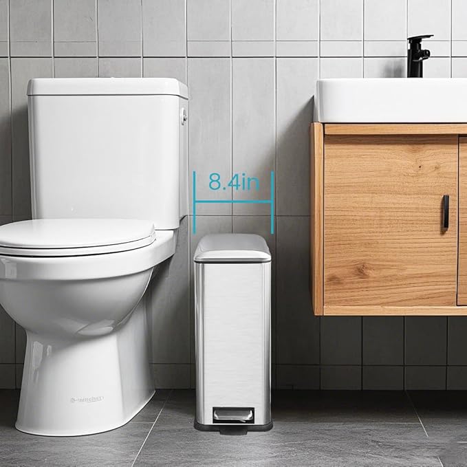 16.7L/ 4.4 Gallon Rectangular Slim Kitchen Trash Can with Removable Inner Bucket, Soft Close lid, Stainless Steel Step Pedal Garbage Can for Bathroom, Kitchen, Home Office, Brushed Silver