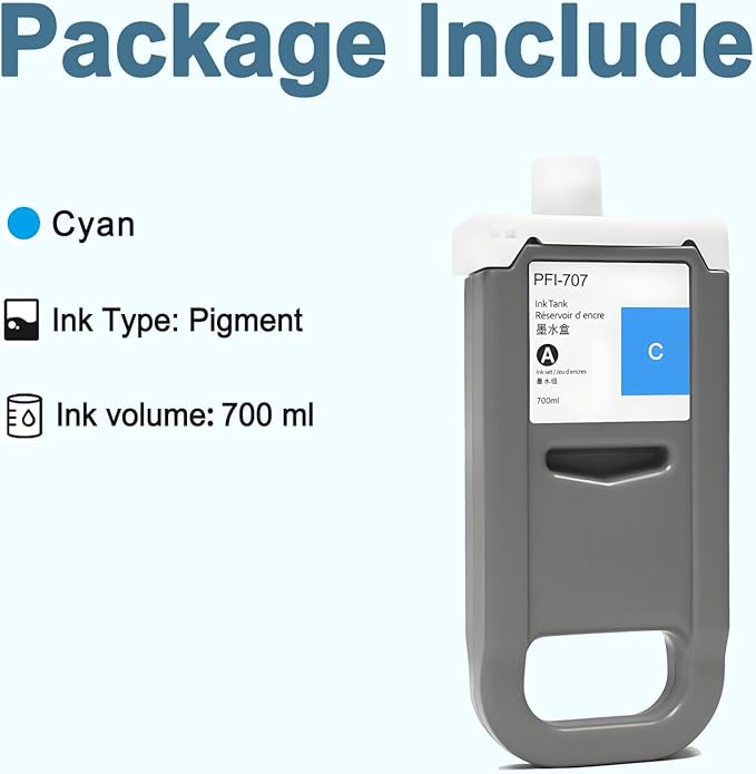 PFI-707 Ink Cartridge PFI707 Ink Tank Compatible with Canon imagePROGRAF PF830, iPF840, iPF850 CAD Plotters 700 ML (1-Pack, Cyan)