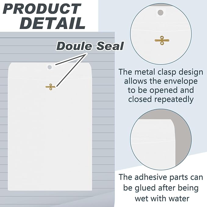 Geyee 100 Pcs Clasp Manilla Envelopes 9 x 12 Inch Gummed Colored Envelopes for Storing or Mailing for Home Office Business Supplies(White)