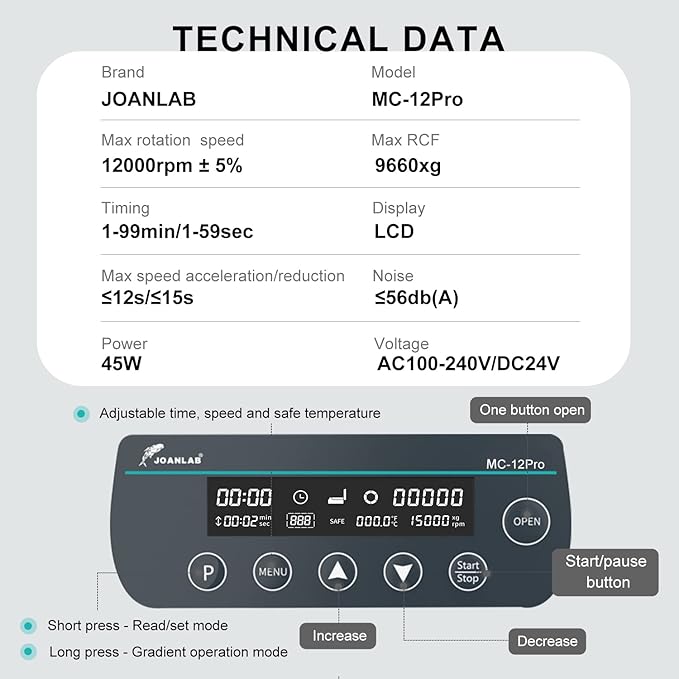 Lab High Speed Centrifuge Machine Bechtop Microcentrifuges 3 in 1 Rotor for 0.2/0.5/1.5/2mL Tube Capacity (12000RPM)
