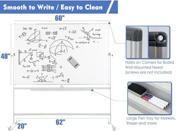 FORTUNO Large Magnetic Mobile Whiteboard 60"x48", Rolling Double Sided Stand Whiteboard on Wheels, Reversible Adjustable Height/Angle Dry Erase Board 5' x 4' Easel White Board for Office Classroom