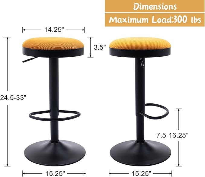 Round Swivel Counter Height Bar Stools Set of 2 Modern Adjustable Barstools Backless Corduroy Bar Chairs Industrial Island Chairs with Metal Base/Footrest for Kitchen Island/Pub/Bar, Yellow