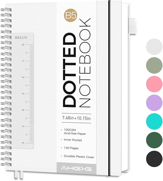 AHGXG Bullet Dotted Journal - Dot Grid Spiral Notebook B5, 140 Pages, 100 GSM Thick Paper, Waterproof Plastic Cover Journals for Bullet Journaling, Sketching, 7.6" x 10", Transparent