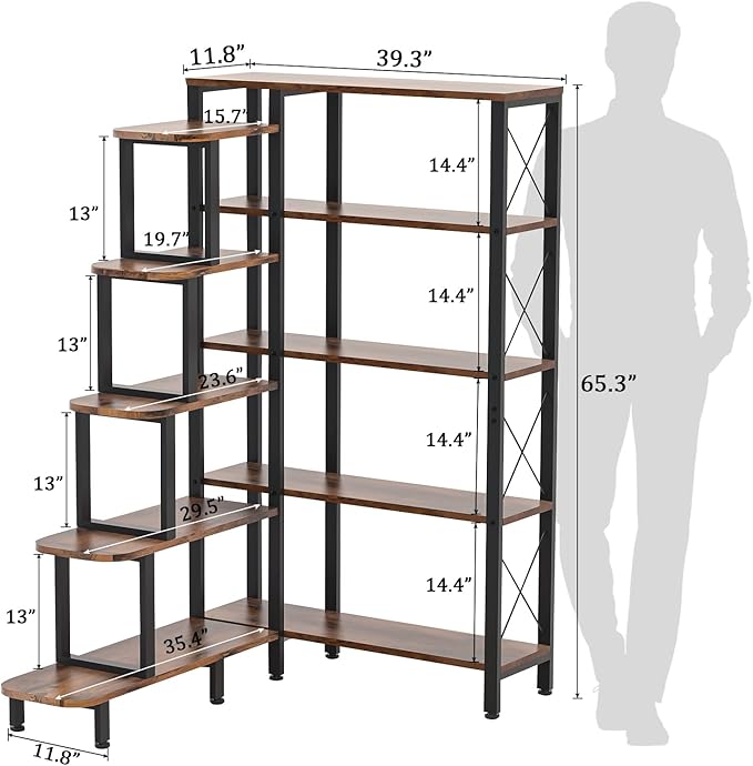 Large Corner Bookshelf Bookcase, Industrial Reversible 5 Tier Ladder Shelves Storage Display Rack with Metal Frame, Modern Home Office Furniture for Living Room Bedroom