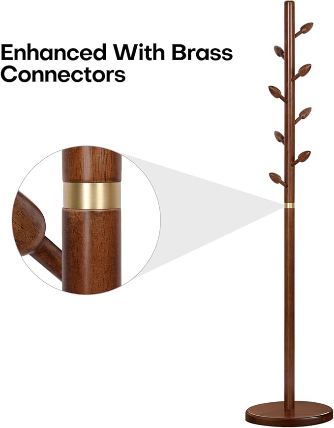 Wooden Coat Rack Freestanding - Heavy Duty Coat Tree Stand with 8 Bud-Shaped Hooks, Sturdy Round Base Coat Hanger for Entryway, Bedroom, Jackets & Clothes, 200lbs Capacity (Walnut)