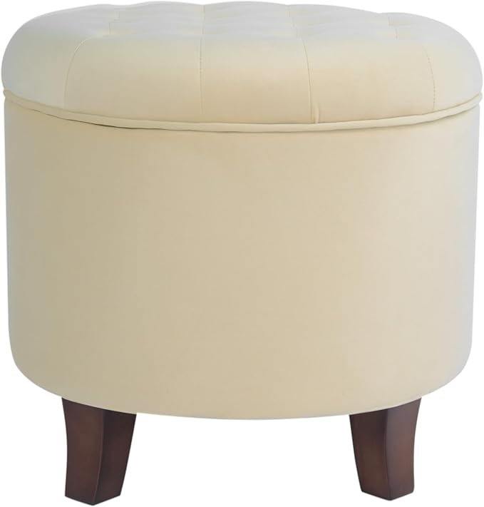 Homepop Home Decor | Upholstered Round Velvet Tufted Foot Rest Ottoman | Ottoman with Storage for Living Room & Bedroom | Decorative Home Furniture, Cream