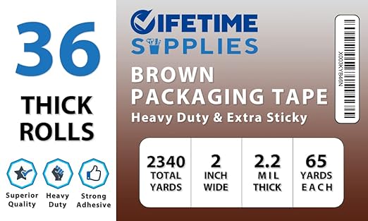 36 ROLLS [UPGRADED] Brown Premium Packing Tape, 65 YARDS, 2.2 mil, Heavy Duty Packaging Tape for Shipping, Moving, Sealing - STRONGER & THICKER