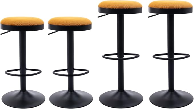 Round Swivel Counter Height Bar Stools Set of 4 Modern Adjustable Barstools Backless Corduroy Bar Chairs Industrial Island Chairs with Metal Base/Footrest for Kitchen Island/Pub/Bar, Yellow