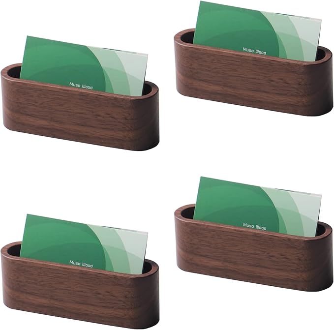 muso wood Business Card Holder for Desk Wooden Display Business Card Stand for Office Tabletop 4 Pack (Walnut)