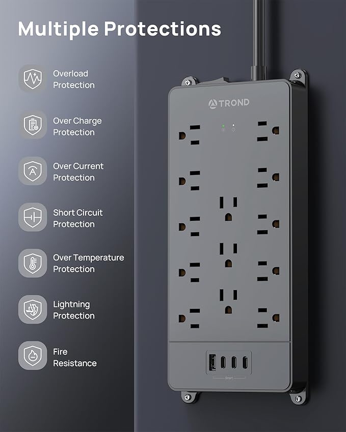 TROND 360° Rotating Flat Plug, Surge Protector Power Strip, 13AC Widely Spaced Outlets Expansion with 3 USB C Ports, 4000J, 5ft Extension Cord Heavy Duty, Wall Mount, Under Desk, ETL Listed, Black
