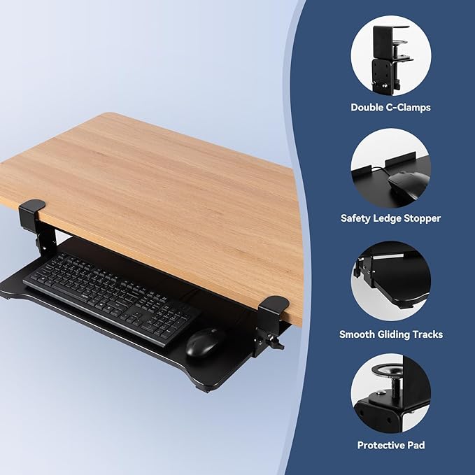 VUSIGN Keyboard Tray Under Desk Height Adjustable,Pull Out with Adjustable C Clamp Mount System for L-Shaped Tables, Extra Sturdy, 26.4” x 11.8” Slide-Out Platform Computer Drawer for Typing, Black