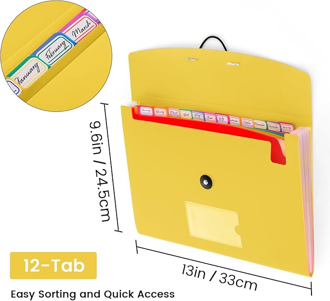 13 Pocket Accordion File Organizer with Elastic Closure, Expanding File Folder for Letter Size A4 Papers, Ideal for Home, Office Supplies, College Essentials - Yellow