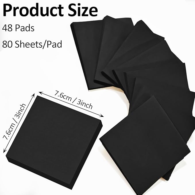 Beieverluck 48 Pack Pop Up Sticky Notes 3X3 Inch Colorful Post Stickies Self Sticky Note Pads for Office, Home, School, Meeting, 80 Sheets/pad, (Black)