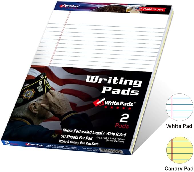 KAISA Legal Pads Letter Size Wide Ruled Writing Pads, 8.5x11 Legal Pad Note Pads 50 Sheets Per Pad,Ruled Paper Notepads, 20 lb Heavy Paper, Rigid Back, Veteran 2 Pads，BK-3098，Made In The USA