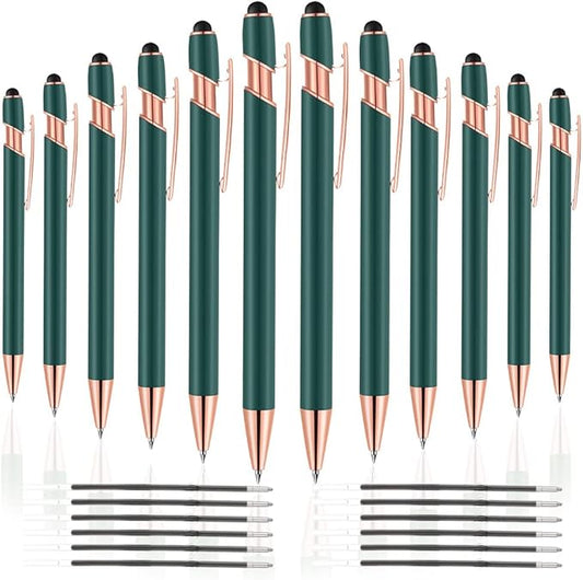 12 PCS 2 in 1 Stylus Ballpoint Pen with Stylus Tip, 1.0 mm Black Ink Metal Pen Stylus Pen for Touch Screens (Rose Gold & Green)