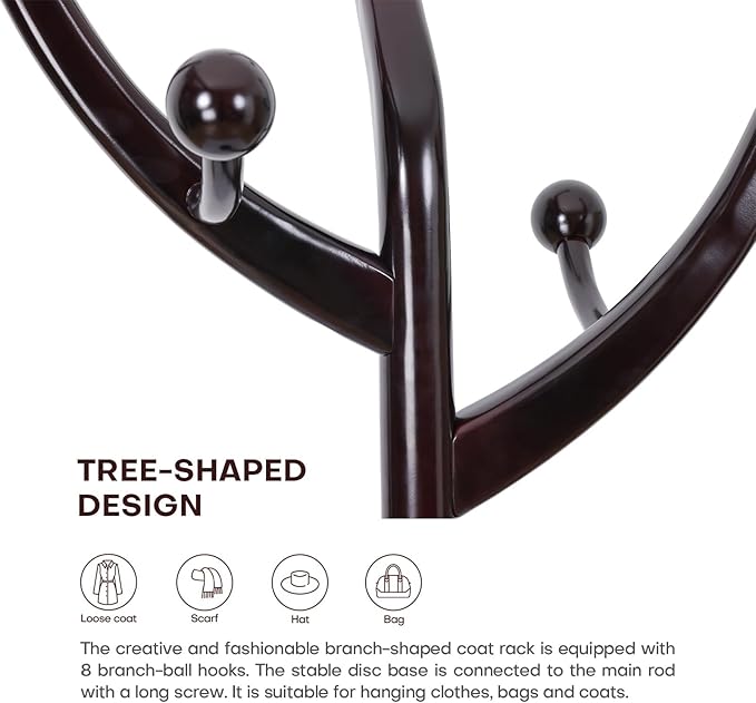 Coat Rack Tree Freestanding with Hooks, Heavy Duty Standing Wood Coat Rack with Solid Round Base, 74” Tree Shaped Coat Hanger Stand for Clothes, Hat, Jacket, Entryway Bedroom, Red Brown