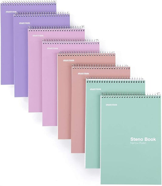 Mintra Office Steno Books - (Pastel 8PK - Lavender, Sage, Salmon, Spring Pink) - Narrow Ruled Paper, 6" x 9", 100 sheets for Writing Notes in School, University, College, Work, Office