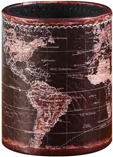 Black World Map Pencil Holder for Desk, PU leather Pencil Cup, Globe Pen Holder for Desk Office Supply Organizer PH46