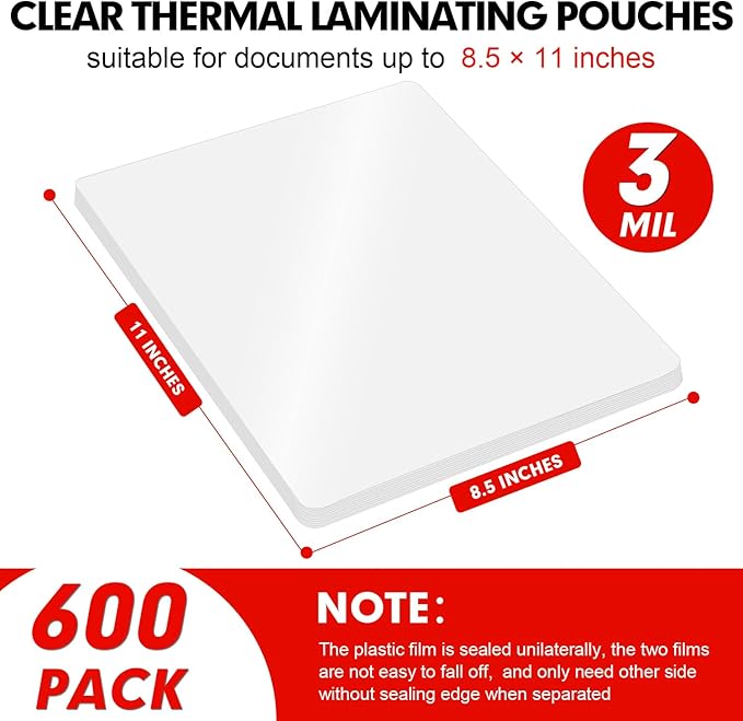 Laminating Sheets, 600 Pack Clear Thermal Laminating Plastic Paper Laminator Sheets, 9 x 11.5-Inch, 3mil, Ideal Office or School Supplies