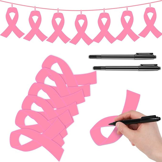 Kosiz 100 Pack Large Pink Ribbon Set 100 Breast Cancer Awareness Cutouts 2 Marker Pens 100 Wooden Clips with Rope Pink Ribbon Breast Cancer Awareness Items for Women Charity Support Supplies