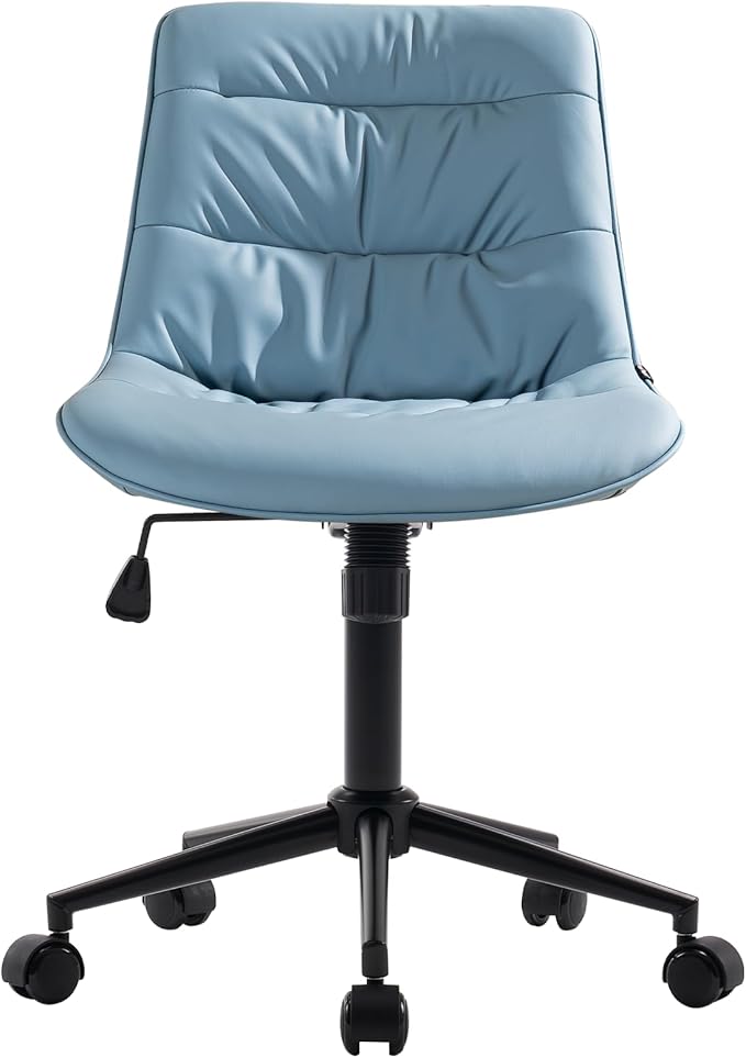 Kidol & Shellder Faux Leather Office Chair, Adjustable Swivel Height Task Chair, Rolling Wheels & Soft Backrest - Armless Ergonomic Desk Chair for Home, Office,Vanity,Gaming（Blue）