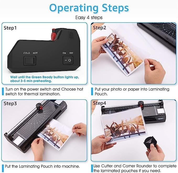 A3/A4/A6 Laminator Machine, YE381 Thermal Laminating Machine for Home Office School Use with 70 Laminating Pouches, Bulit in Paper Trimmer and Corner Rounder