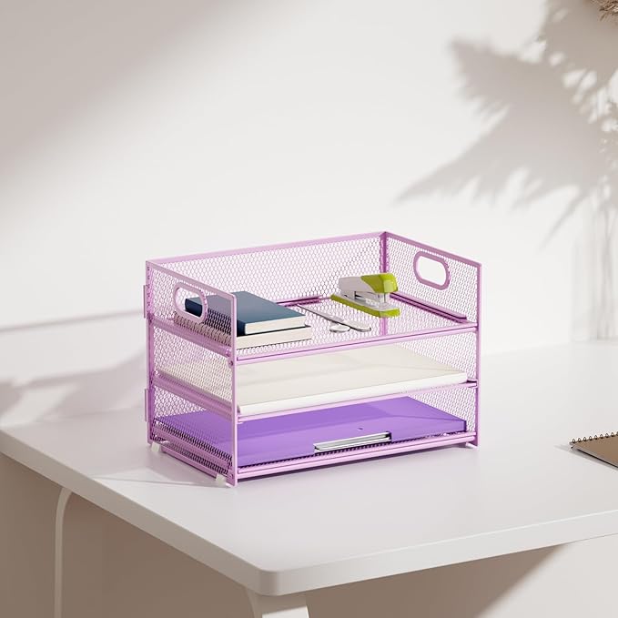 Marbrasse 3 Tier Paper Organizer Letter Tray, Mesh File Organizer with Handle, Paper Sorter Desk Organizer for Home Office Supplies(Purple)