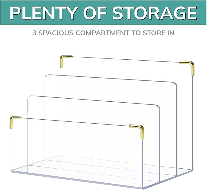 pbf Acrylic File Holder | Clear File Organizer for Desk w/Gold Accents | Acrylic Desk Organizer, Folder Holder, Mail Sorter, File Stand, Magazine Divider, Laptop, Notebook, & Letter Organizer