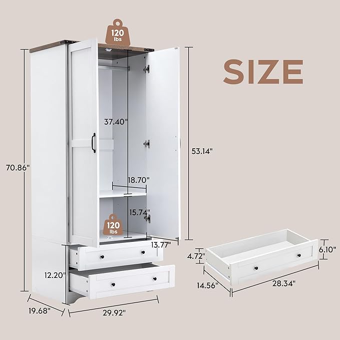Brafab Armoire Wardrobe Closet with 2 Modern Doors, 71" Tall Freestanding Closet Wardrobe Cabinet with Drawers and Hanging Rail, Light Wooden Storage Cabinet with Shelve for Bedroom (White, 2 Doors)