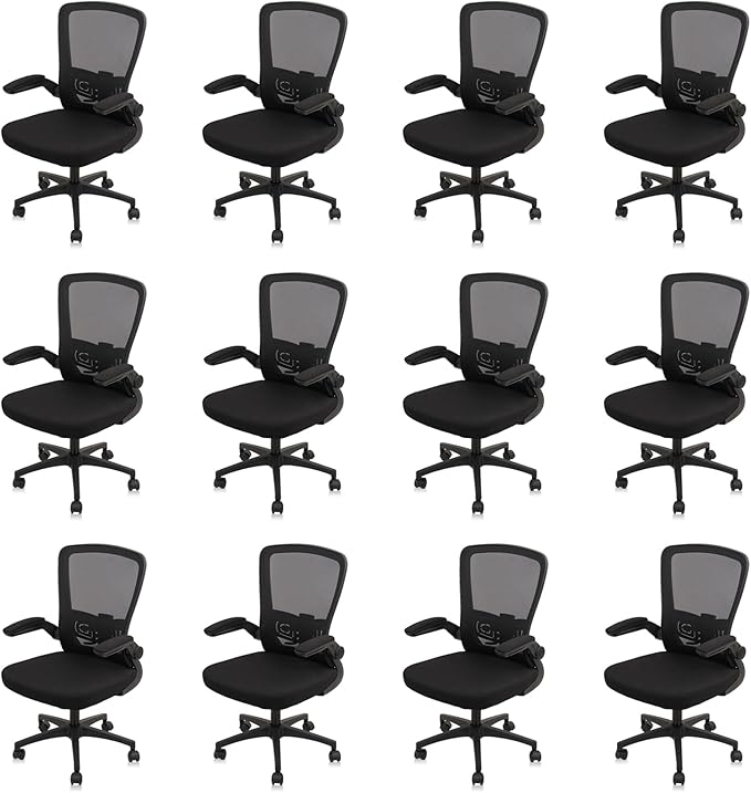 Office Desk Chairs with Wheels, Ergonomic Mesh Chair with Adjustable Height Lumbar Support, Rolling Swivel Computer Task Chair with Flip Up Armrests for Home, Study, Conference, Black (12PK)