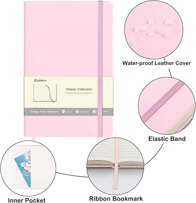 Comix Lined Journal Notebook for Women Men, Journaling Notebooks for Office School Home, Pink, 240 Pages, 5.5" x 8.3", College Ruled, A5, Hardcover