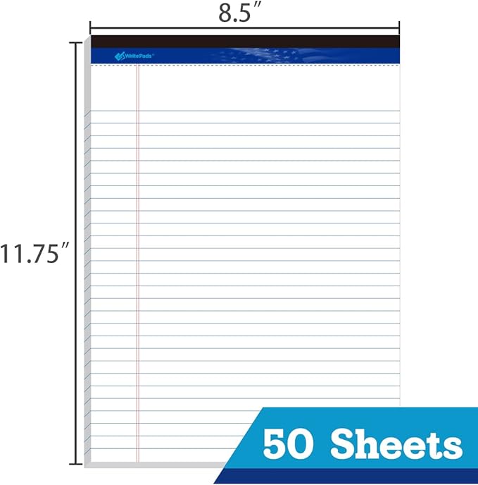 Legal Pad 8.5 x 11 Note Pad, Wide Ruled Writing Pad, White Paper, 6-Pack, 50 Sheets Per Pad, Micro-Perforated Notepad, Office Supplies (KSU-8331) - Made in the USA