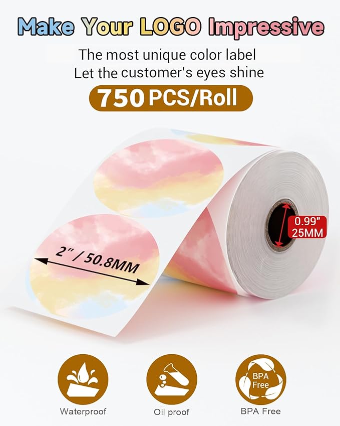 750 Pcs Phomemo 2" Color Round Thermal Label, Self-Adhesive Round Sticker Labels, Circular Direct Thermal Printer Circle Label for Logo Design, Name/Price Tag, Thanks Card, QR Code, 750 Labels/Roll